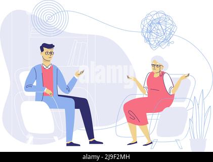 Psychologin und ältere Patientin in der Therapiesitzung. Behandlung von Demenz, alzheimer-Krankheit und psychischen Problemen. Stock Vektor