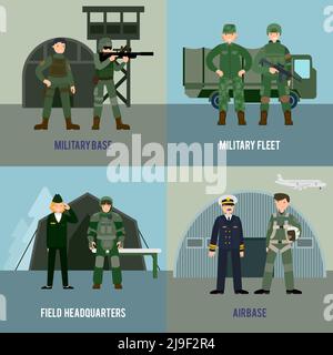 Buntes militärisches quadratisches Konzept mit verschiedenen Arten von Soldaten und Armeetruppen in flacher Vektorgrafik Stock Vektor