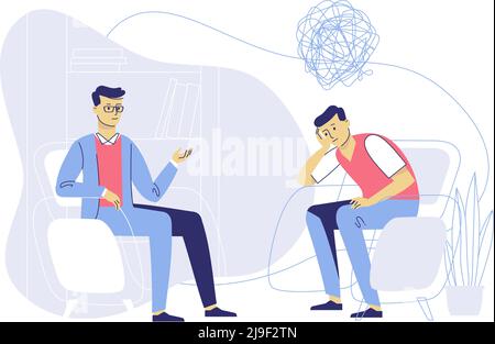 Psychologe und junger Mann Patient in der Therapiesitzung. Behandlung von Stress, sucht und psychischen Problemen. Stock Vektor