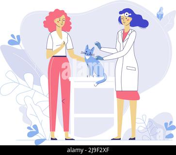 Tierarzt macht eine ärztliche Untersuchung der Katze im Krankenhaus. Gesundheitswesen, medizinische Behandlung, Prävention und Immunisierung von Haustieren. Stock Vektor