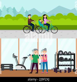 Flache aktive Erholung horizontale Banner mit glücklichen Familie Reiten Fahrräder und alte Menschen im Fitnessstudio Vektor-Illustration Stock Vektor