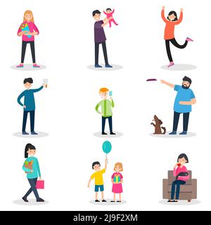 Happy People Sammlung mit Männern Frauen Kinder in verschiedenen lustig Und angenehme Situationen isoliert Vektor-Illustration Stock Vektor