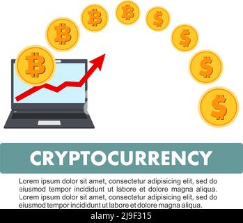 Bitcoin-Zeichen, digitale Währung, Kryptowährung, elektronisches Geld. Kryptowährungskonzept. Bitcoin Mining, Exchange, Mobile Banking. Laptop mit Umloka Stock Vektor