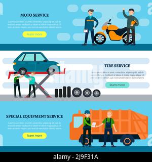 Bunte Reparatur-Dienstleistungen horizontale Banner mit professionellen Mitarbeitern und Fahrzeugen in flachen Stil Vektor-Illustration Stock Vektor