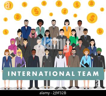 Kryptowährungskonzept. Eine Gruppe von Geschäftsleuten, die auf einer Hintergrundgrafik mit Münzen mit Bitcoin- und Dollarzeichen zusammenstehen. Geschäftsteam und t Stock Vektor