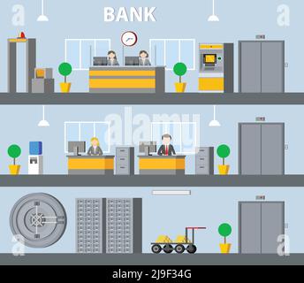 Bank innen horizontale Banner mit Rezeption Manager Arbeitsplatz atm Aufzug Wasserkühler Safe Boxen Pflanzen Vektor-Illustration Stock Vektor