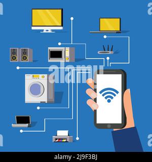 Wireless-Technologie-Konzept mit Fernbedienung von tv Laptop Lautsprecher Mikrowelle Router Waschmaschine Drucker Scanner isoliert Vektor illustration Stock Vektor
