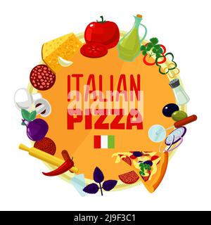 Italienische Pizza Zutaten rund Konzept mit Käse Wurst Gemüse oliv Öl Gewürze Küchenwerkzeuge isoliert Vektor-Illustration Stock Vektor