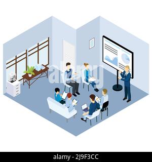 Isometrische Coaching Charaktere Konzept mit Menschen Training auf Business-Konferenz Oder Seminar im Büro Vektordarstellung Stock Vektor