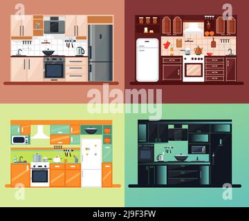 Küche Innenraum quadratische Zusammensetzung mit verschiedenen Arten von Design und Vektordarstellung „Farben“ Stock Vektor