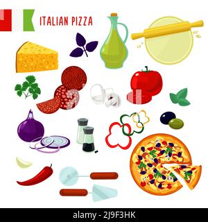 Cartoon italienische Pizza Zutaten Set mit Käse Wurst Gemüse Olivenöl Gewürze und Küchengeräte isoliert Vektor-Illustration Stock Vektor
