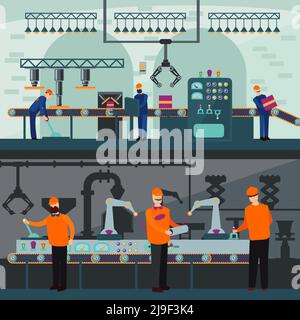 Industrielle Fertigungsanlage horizontale Banner mit Menschen arbeiten an Montage-und Verpackungslinien Vektor-Illustration Stock Vektor