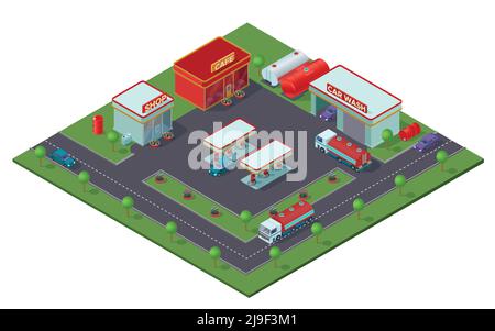 Isometrische Tankstelle Konzept mit Tankwagen Autos Shop Café Autowäsche Gebäude und Fässer von Kraftstoff Vektor-Illustration Stock Vektor