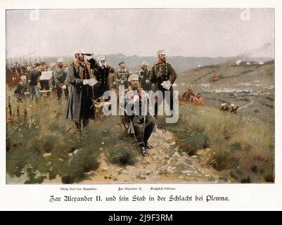 Farblithographie von Zar Alexander II. Und seinem Stab in der Schlacht von Plevna. König Karl von Rumänien, Zar Alexander II. Von Russland, Großherzog Nich Stockfoto