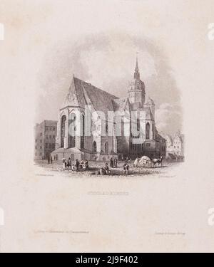 Stich aus dem 19.. Jahrhundert der Nikolaikirche in Leipzig. Die Nikolaikirche ist eine der wichtigsten Kirchen Deutschlands Stockfoto