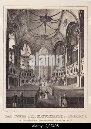 19.-Jahrhundert-Gravur des Innenraums der Kreuzkirche in Dresden in ihrer festlichen Dekoration am 6. Juli 1839. Deutschland Stockfoto