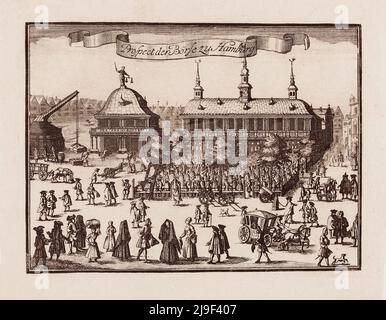 18.-Jahrhundert-Gravur von Prospect of Stock Exchange in Hamburg. Die Hamburger Börse ist die älteste Börse in Hamburg Stockfoto