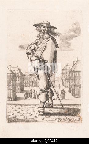 Gravur eines französischen Adligen mit Schwert und Dolch an seiner Seite, gekleidet nach der Mode von ca. 1630, Abraham Bosse, nach Jean de Saint-IG Stockfoto