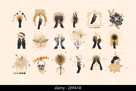 Handgezeichnete Vektor abstrakte Grafik-Illustration mit Logo-Elemente-Sammlung Bundle-Set, magische Linie Kunst der Halbmond, Mond und menschliche Hände schwarz Stock Vektor