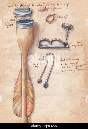 Mittelalterliche Illustration der Armbrust-Details. Die Werkzeuge von Martin Löffelholz (1505) Löffelholtz Codex. Abbildungen und Beschreibungen aller Arten von h Stockfoto