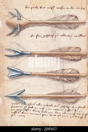 Mittelalterliche Darstellung verschiedener Arten von Armbrust-Pfeilen. Die Werkzeuge von Martin Löffelholz (1505) Löffelholtz Codex. Abbildungen und Beschreibungen o Stockfoto