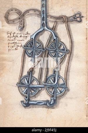 Mittelalterliche Illustration von Samsons Gürtel-Spannmechanismus für Armbrust. Die Werkzeuge von Martin Löffelholz (1505) Löffelholtz Codex. Illustrationen und des Stockfoto