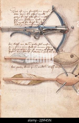 Mittelalterliche Darstellung von Armbrust und verschiedenen Arten von Armbrust-Pfeilen. Die Werkzeuge von Martin Löffelholz (1505) Löffelholtz Codex. Abbildungen und d Stockfoto