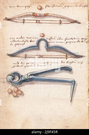 Mittelalterliche Darstellung von Armbrust-Bögen. Die Werkzeuge von Martin Löffelholz (1505) Löffelholtz Codex. Abbildungen und Beschreibungen aller Art von Hand t Stockfoto