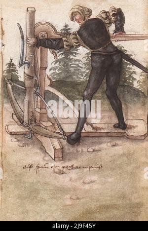 Mittelalterliche Illustration der riesigen Armbrust und des Spannmechanismus der Armbrust (Gaffehebel). Die Werkzeuge von Martin Löffelholz (1505) Löffelholtz Codex. Illus Stockfoto