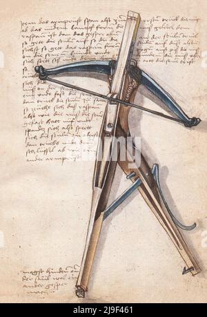 Mittelalterliche Darstellung der Armbrust. Die Werkzeuge von Martin Löffelholz (1505) Löffelholtz Codex. Abbildungen und Beschreibungen aller Arten von Handwerkzeugen, Stockfoto