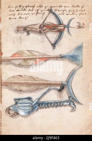 Mittelalterliche Illustration der Armbrust mit speziellen Schrauben und eisernem Cranequin der Armbrust. Die Werkzeuge von Martin Löffelholz (1505) Löffelholtz Codex. Illustrat Stockfoto
