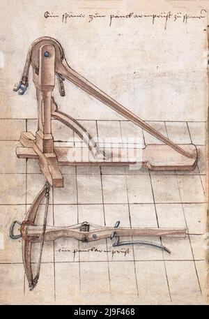Mittelalterliche Illustration der Armbrust und der Spannmechanismen der Armbrust (Gaffehebel). Die Werkzeuge von Martin Löffelholz (1505) Löffelholtz Codex. Illustrat Stockfoto