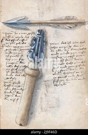 Mittelalterliche Illustration des Armbrust-Pfeils. Die Werkzeuge von Martin Löffelholz (1505) Löffelholtz Codex. Illustrationen und Beschreibungen aller Art von Hand Stockfoto