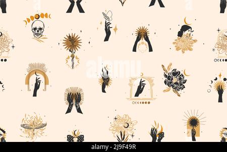 Hand gezeichnet Vektor abstrakte Stock flache Grafik Illustration mit Logo-Element, böhmische magische Linie Kunst nahtlose Muster der Frau Hand, Gold Sonne, Stern und Stock Vektor