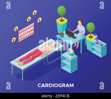 Isometrisches Kardiogramm medizinische Verfahrensvorlage mit Arzt am Tisch sitzen Und Patient auf dem Bett liegend in Krankenhaus Vektor-Illustration Stock Vektor