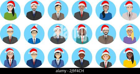 Set von bunten Geschäftsleuten in Weihnachtsmann Hüte flachen Stil Ikonen: Geschäftsmann und Geschäftsfrau. Vektorgrafik. Stock Vektor