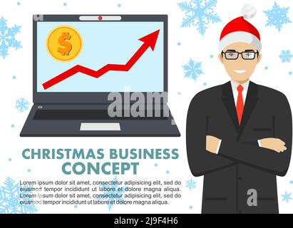 Geschäftskonzept Weihnachten und Neujahr. Geschäftsmann mit Computer. AufGrafik mit Dollarzeichen in flachem Icon-Design in Laptop in flachem Design isoliert. Ve Stock Vektor