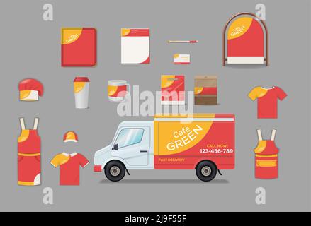 Cafe Elements Kollektion mit Tablett Menü Stift Schild Tassen Pakete Lieferwagen in Corporate Identity Design isoliert Vektor Illustration Stock Vektor