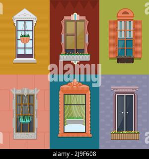 Bunte Fenster mit Blumen und Pflanzen in Töpfen Fensterbank im flachen Stil isoliert Vektor-Illustration Stock Vektor