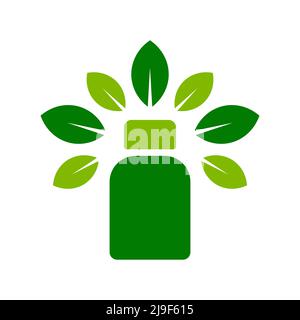 Symbol oder Logo für Nahrungsergänzungsmittel. Grüne Pillenflasche, umgeben von Blättern. Alternative natürliche pflanzliche Medizin. Behandlung der Homöopathie. Vektor Stock Vektor