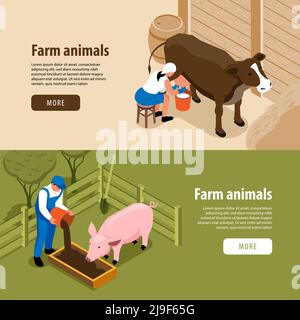 Viehzucht Nutztiere 2 horizontale isometrische Web-Banner mit Arbeiter melken Kuh Fütterung Schwein Vektor-Illustration Stock Vektor