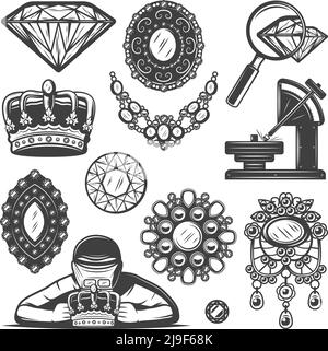 Vintage Schmuck Reparatur Service-Elemente mit Juwelier Diamant Krone gesetzt Brosche Halskette und professionelle Ausrüstung isoliert Vektor Illustration Stock Vektor