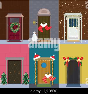 Flache Weihnachtstüren Set mit Blumenkranz Geschenk Socken Schneemann Tannen Bäume Schnee Hüte Jingle Glocken isoliert Vektor-Illustration Stock Vektor