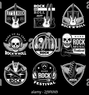 Vintage Hard Rock Musik Labels Set mit Schriftzügen Musikausrüstung Totenköpfe Flügel auf schwarzem Hintergrund isoliert Vektor-Illustration Stock Vektor