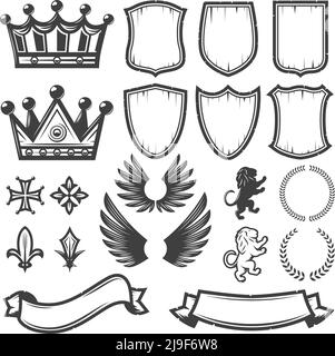 Vintage monochrome heraldische Elemente Kollektion mit Kronen Schilde Flügel Löwen Bänder Lorbeerkränze Schwerter Wappen isoliert Vektor-Illustration Stock Vektor