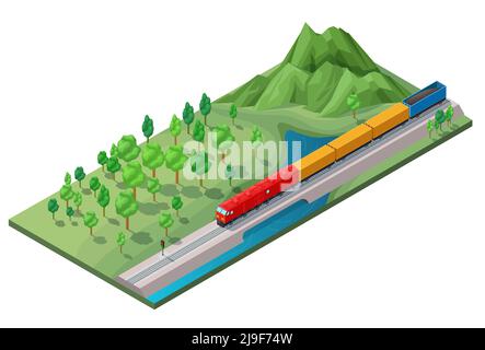 Isometrisches Eisenbahn-Logistikverkehrskonzept mit fahrender Güterbahn auf Natur Landschaft isoliert Vektor Illustration Stock Vektor