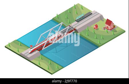 Isometrisches Fahrgast-Hochgeschwindigkeitszug-Konzept, das sich auf der Eisenbahnbrücke bewegt Über den Fluss isolierte Vektor-Illustration Stock Vektor