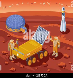 Isometrische Mars-Explorationsvorlage mit Astronauten Mondrover Kolonie und Rakete auf Planeten Landschaft Vektor Illustration Stock Vektor