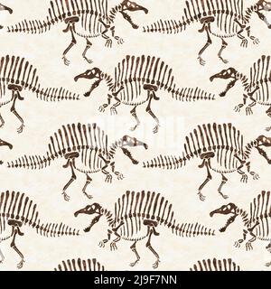 Braun handgezeichnete Spinosaurus fossile Knochen Dinosaurier nahtloses Muster. Geschlechtsspezifische neutrale jurassische Silhouette für die Babykrippe. Home Dekor für Museum Stockfoto