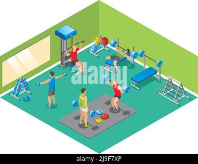 Isometrisches Fitness-Konzept mit starken Menschen Hanteln und Langhanteln heben In der Turnhalle isoliert Vektor-Illustration Stock Vektor